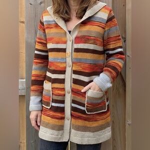 HANDMADE Earth Tone Boho Striped Hoodie Cardigan - Fits like a Medium